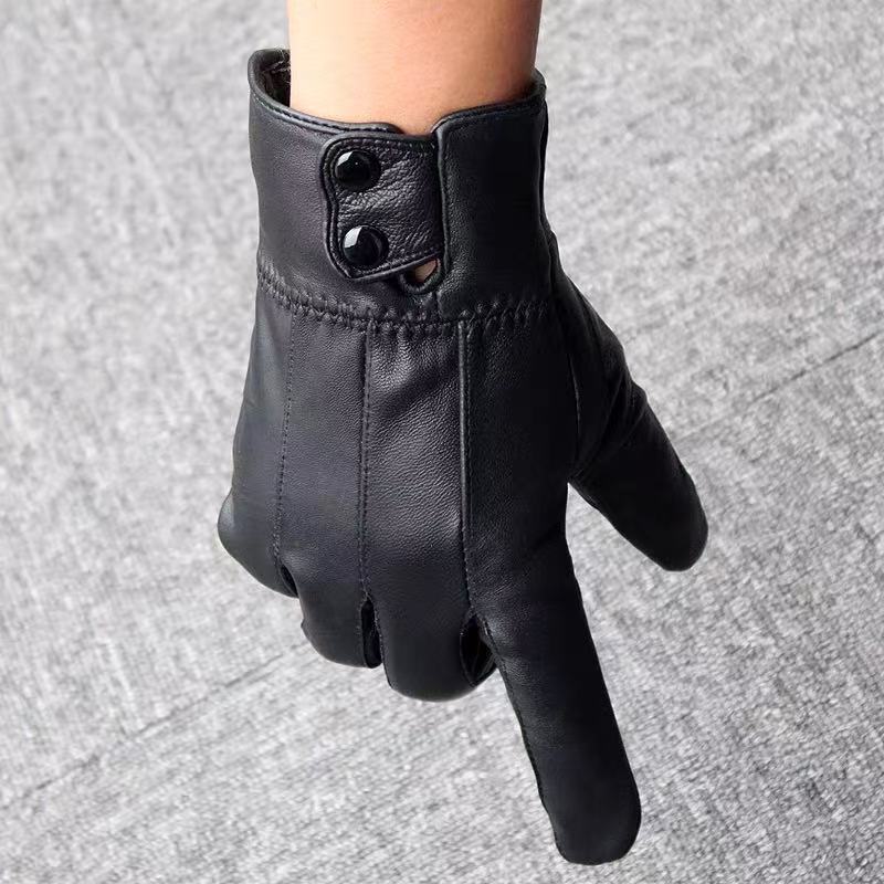 Genuine leather men's cycling gloves, winter warm, fleece-lined, windproof, waterproof, for driving and outdoor sports, full-finger leather gloves