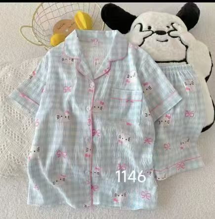 Al por mayor transfronterizo cantidad de preciosos pantalones cortos de mangas cortas de verano pijamas de nube de algodón nuevo cardigan con solapa dibujos animados ropa para el hogar
