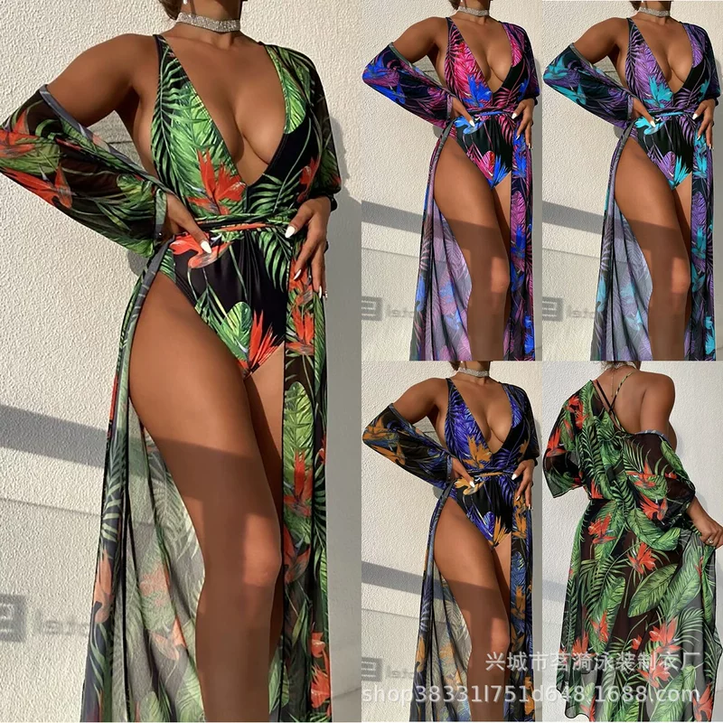 茗漪 Sexy overall, многоцветная клён-лист, комплект, купальник, европейский стиль, набор из 3 предметов