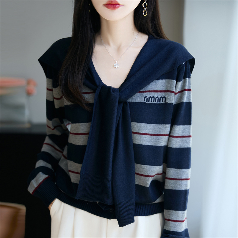 早秋新款条纹披肩精纺羊毛针织开衫女V领休闲减龄百搭长袖上衣|undefined
