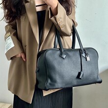 棕色victoria维多利亚大容量头层牛皮保龄球包真皮通勤手提单肩包