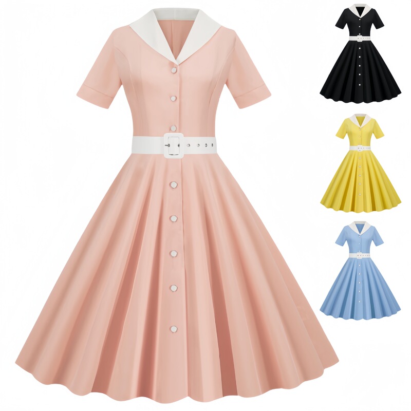 Cross-border foreign trade new solid color retro elegant lapel short sleeve V-neck casual party 1950S oversized dress Cross-border foreign trade new solid color retro elegant lapel short sleeve V-neck casual party 1950S oversized dress