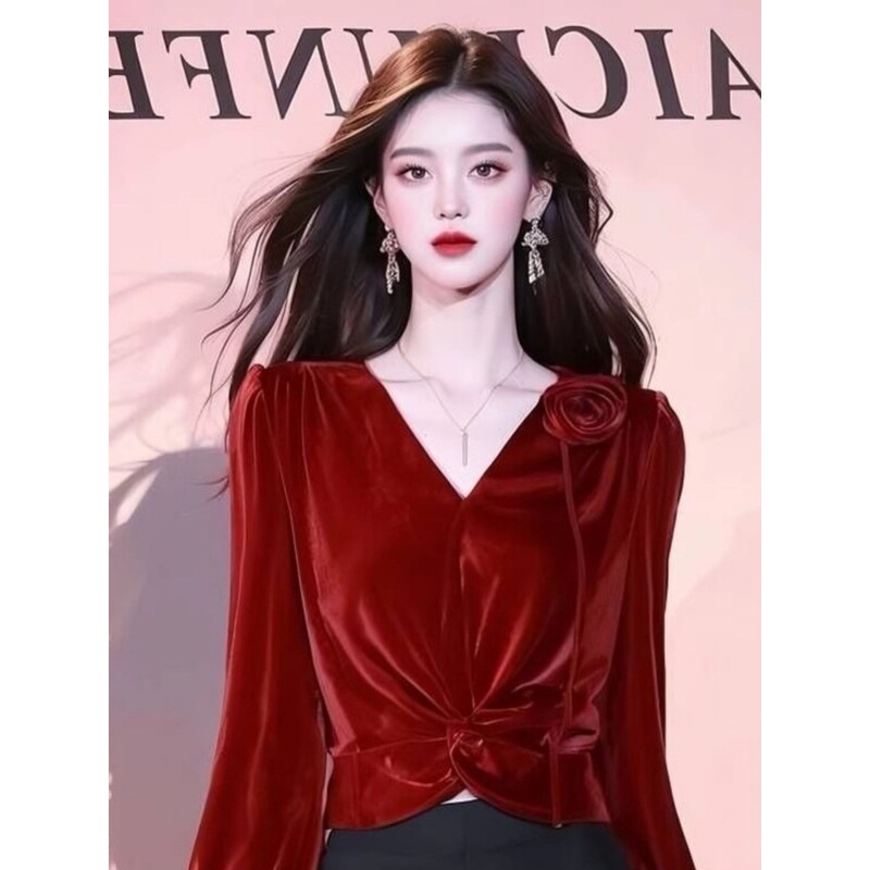 2025新中国風vネックシャツ女性秋冬安可拉紅超美しい上着気質シャツ|undefined
