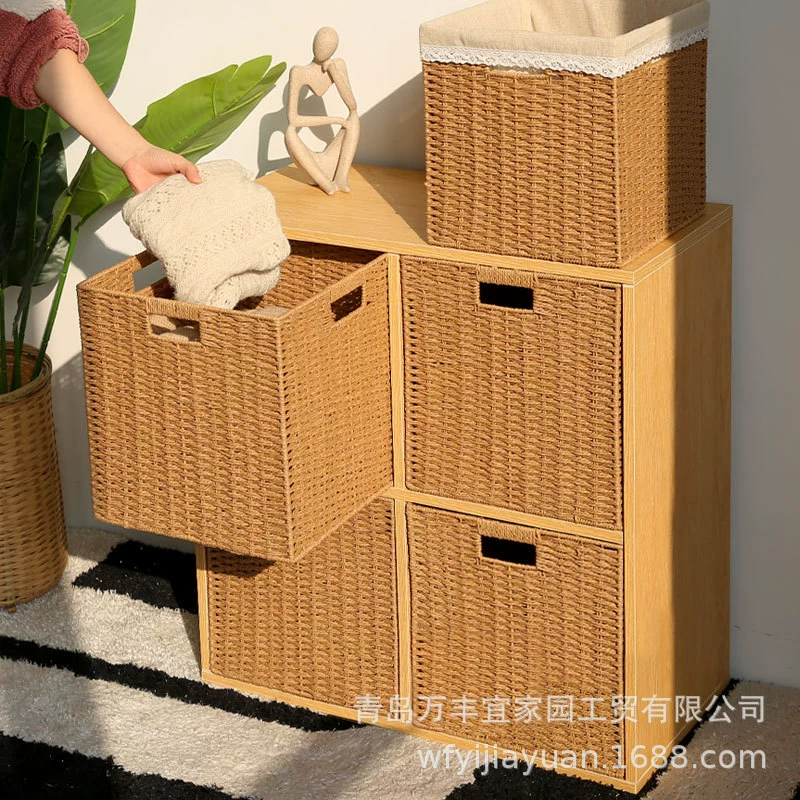 Straw bookcase, storage box, storage basket for bedroom, DIY