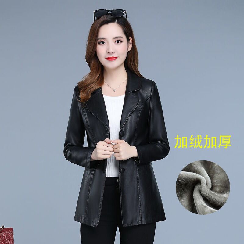 Autumn and Winter Outwear Work Clothing Elegant Short Leather Jacket Women's Suit Collar Korean Style Slim Pu Leather Jacket Large Size Leather Jacket Suit