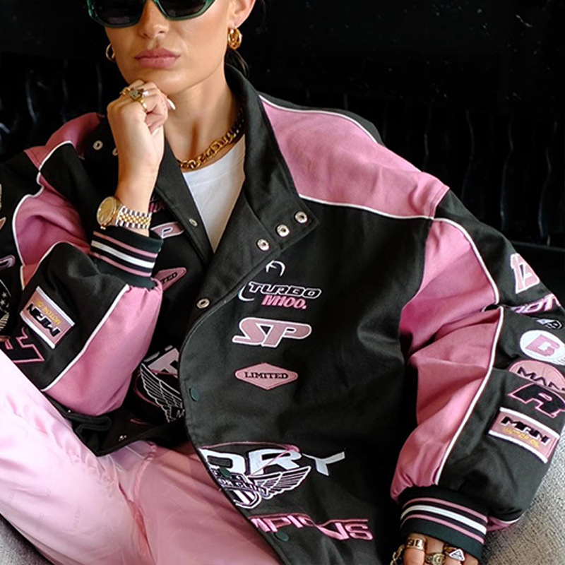 2024 Autumn/Winter New Jacket Sports Print Pink Casual Long Sleeve Motorcycle Style Coat_voghion.com