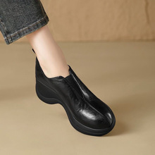 2025新款皮面厚底圆头英伦风小皮鞋女坡跟松糕底羊皮显瘦懒人单鞋