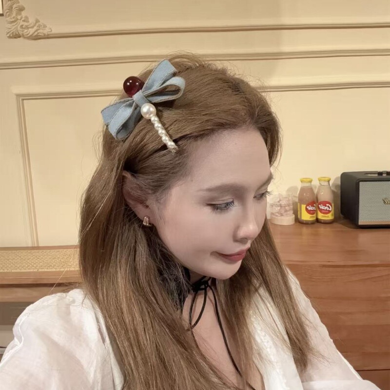高级质感牛仔蝴蝶结蜻蜓发夹简约百搭高级珍珠少女刘海边夹发饰|undefined