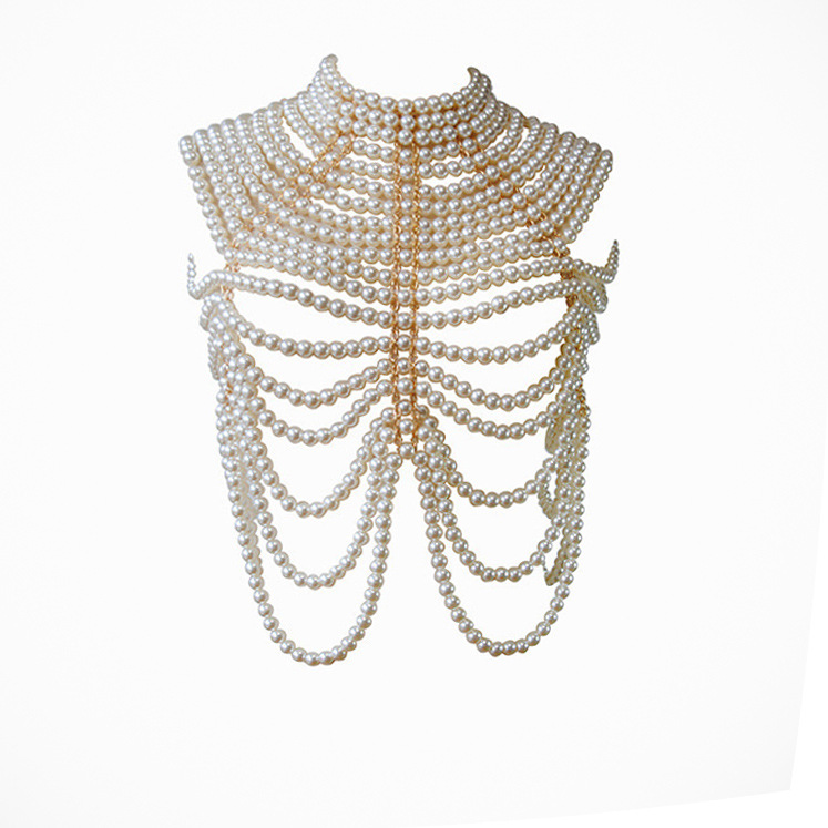 Collares de perlas multicapa retro, muy vendidos en Europa y América, adornos para el pecho, cadenas para suéter, cadenas de hombro de doble capa, cadenas corporales de perlas