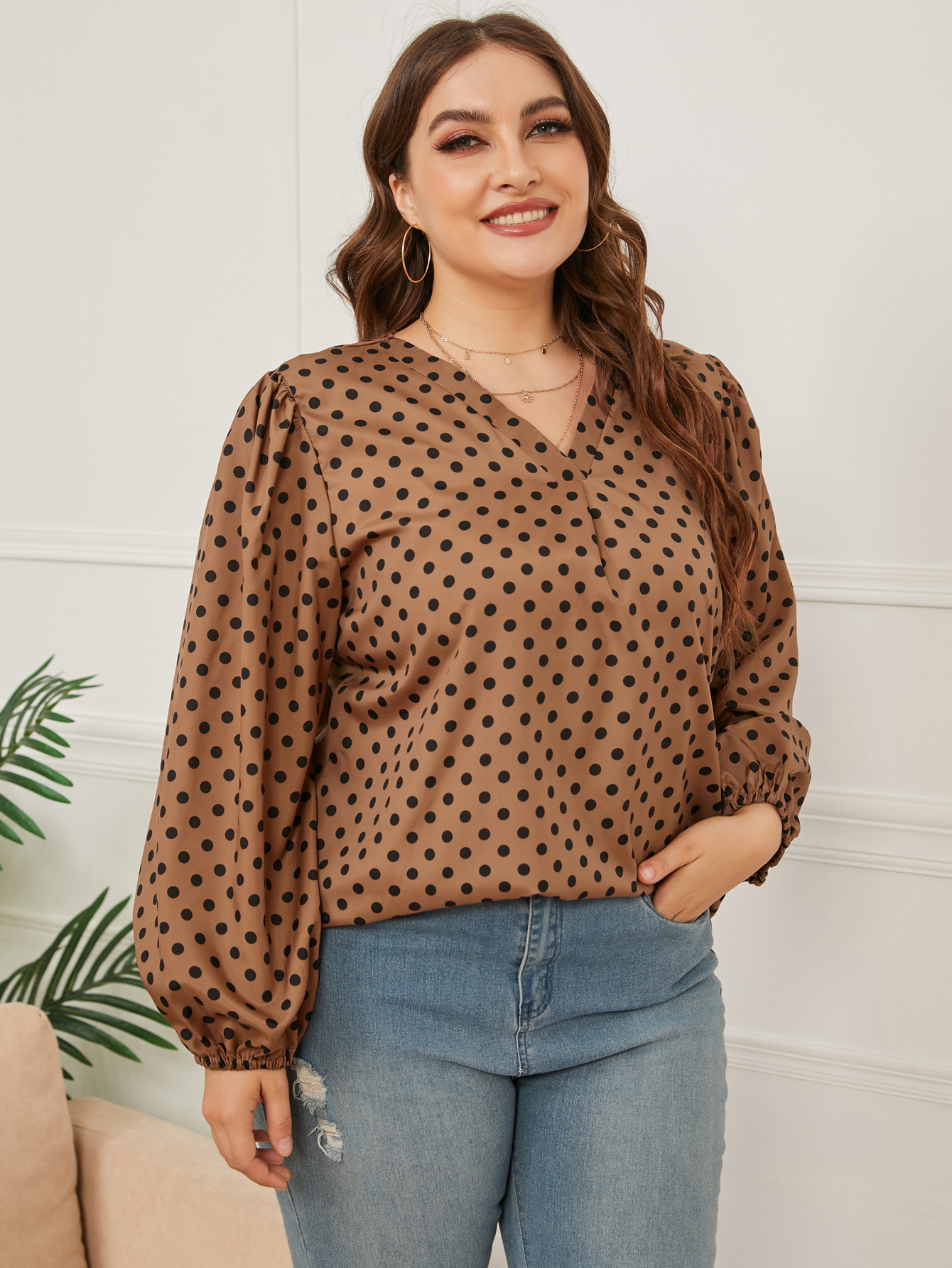 women s V-neck polka dot loose shirt nihaostyles clothing wholesale NSCX72527