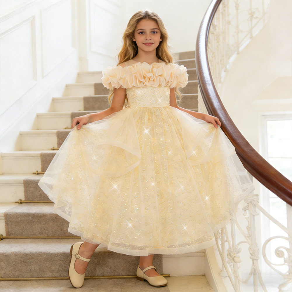 Nuevos vestidos para niños europeos y americanos, vestidos de princesa, elegantes faldas de tutú de malla, vestidos de noche de fiesta de cumpleaños para niñas de flores
