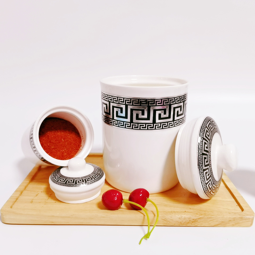 Exportar a Oriente Medio Arabia Saudita cerámica galvanoplastia cilíndrica condimento tarro almacenamiento café tarro con marco de hierro de doble capa