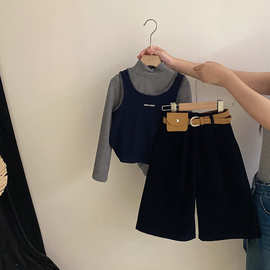 女童韩版秋冬新款高领打底衫背心2025纯色加绒休闲阔腿裤三件套潮