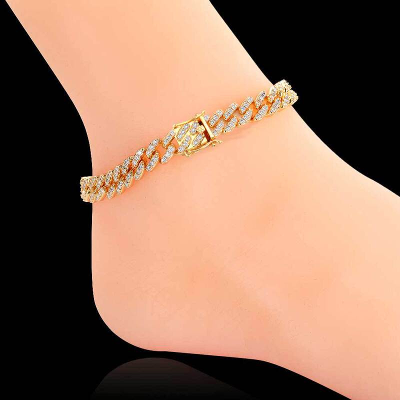 Cross-Border European and American Hip-Hop 9mm Single-Row Zircon Cuban Chain Personalized Anklet for Girls, High-End Jewelry Accessories, Foot Jewelry