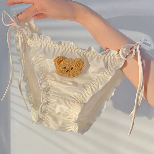 Adorable Bear Cute Girl Heart Ice Silk Underwear for Women Pure Cotton Hip Antibacterial Removable Bowknot Student Low-Rise Triangle Pants