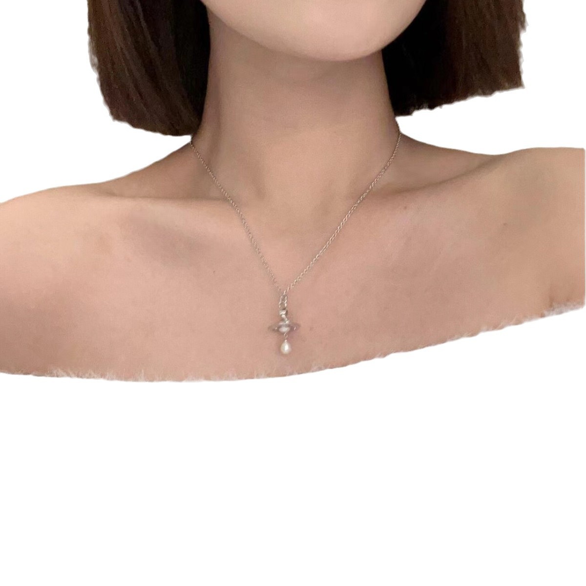 small size High Version Empress Dowager Saturn Stereo Water Drop Baroque Pearl Saturn UFO Planet Necklace
