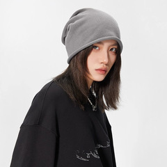 韩版大头围堆堆帽女薄款日系百搭针织帽子春秋黑色毛线帽包头冷帽