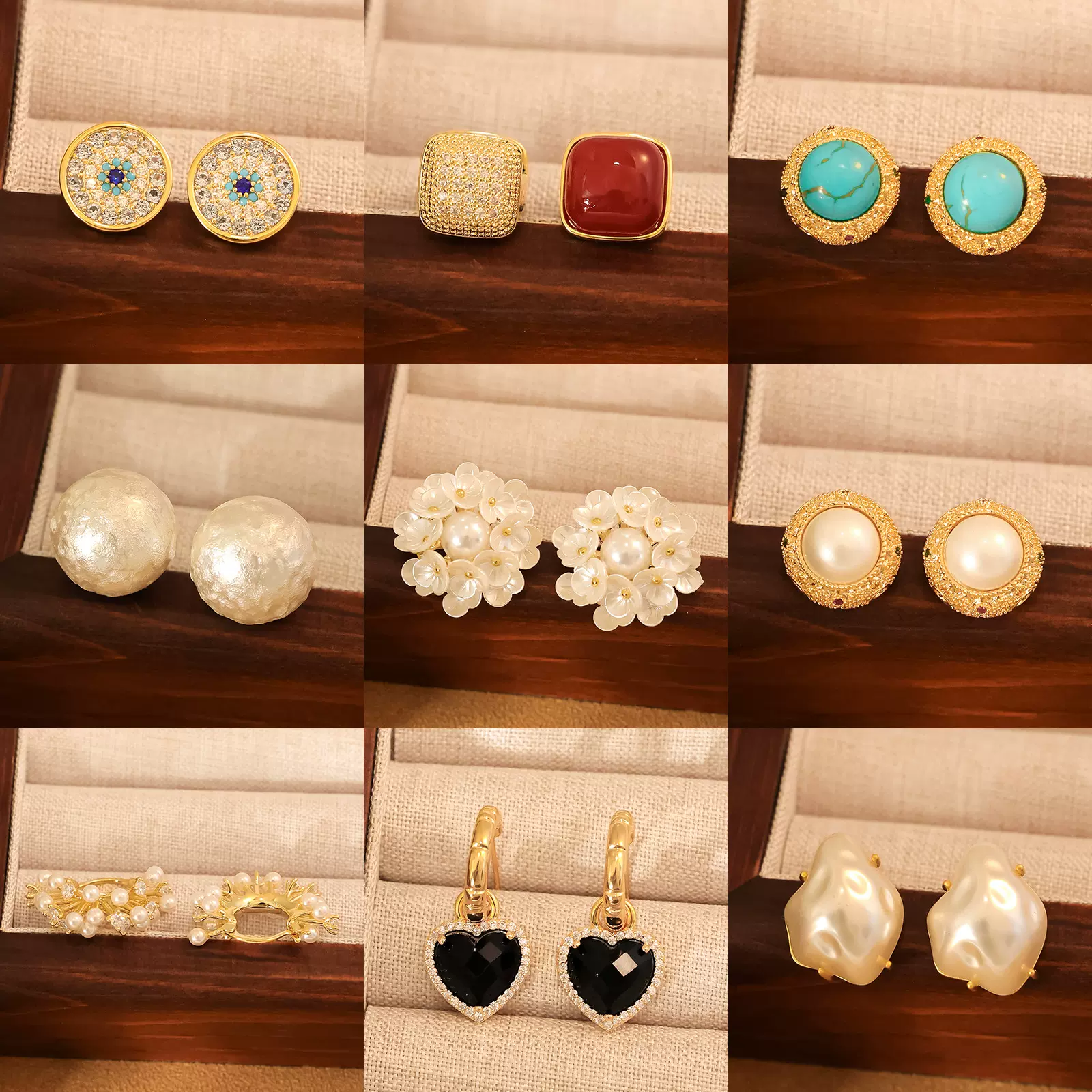 艾妮贝妮爆款镶钻花朵耳钉女真金电镀时尚轻奢百搭高级感耳饰珍珠