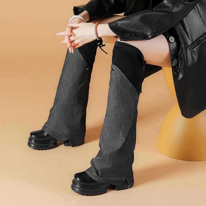Boot nữ cổ cao ôm bắp chân chất jean phong cách miền Tây, gót 10 cm — Nhung đen jean