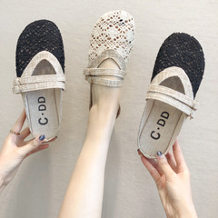 包頭半拖鞋女夏2022新款韓版網面鏤空學生編織平底懶人外穿涼拖鞋