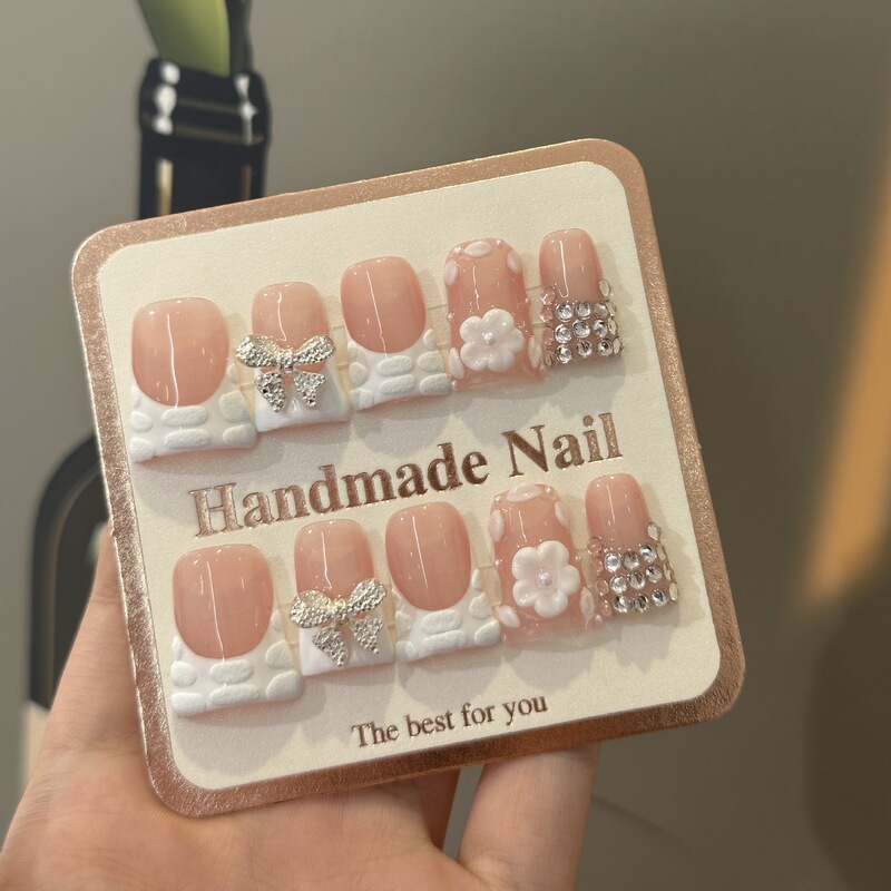 Foreign Trade Cross-Border European and American Peach Blossom Duckbill Style Three-Dimensional Carved Diamond Pure Handmade Wearable Manicure Nail Stickers