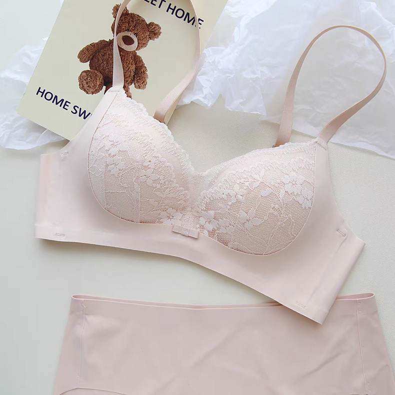 Gentle Low Saturation ~ Thin Cup Lace Seamless Intimates for Women Without Rims Small Breast Push-Up Bra Set Without Rims
