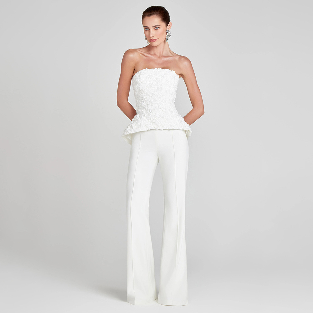 In Stock | European and American Cross-Border White Strapless Top and Long Pants Set, Elegant High-Waisted Women's Fashion Casual Outfit with 3D Floral Design.