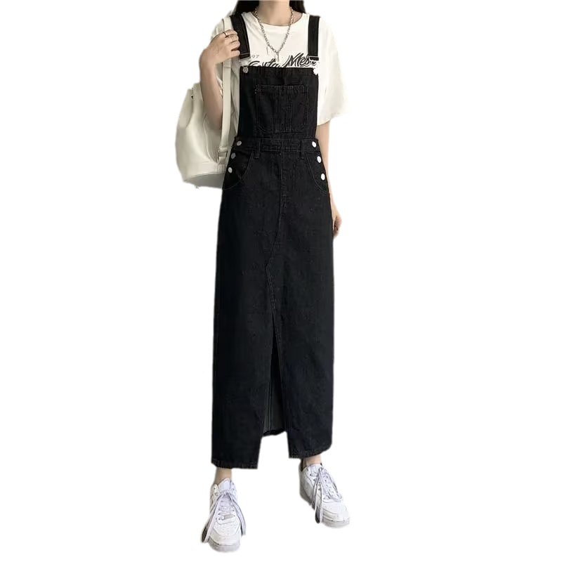 Age-defying adjustable slit denim belt dress for women, autumn women's clothing, high-waisted medium-length dress