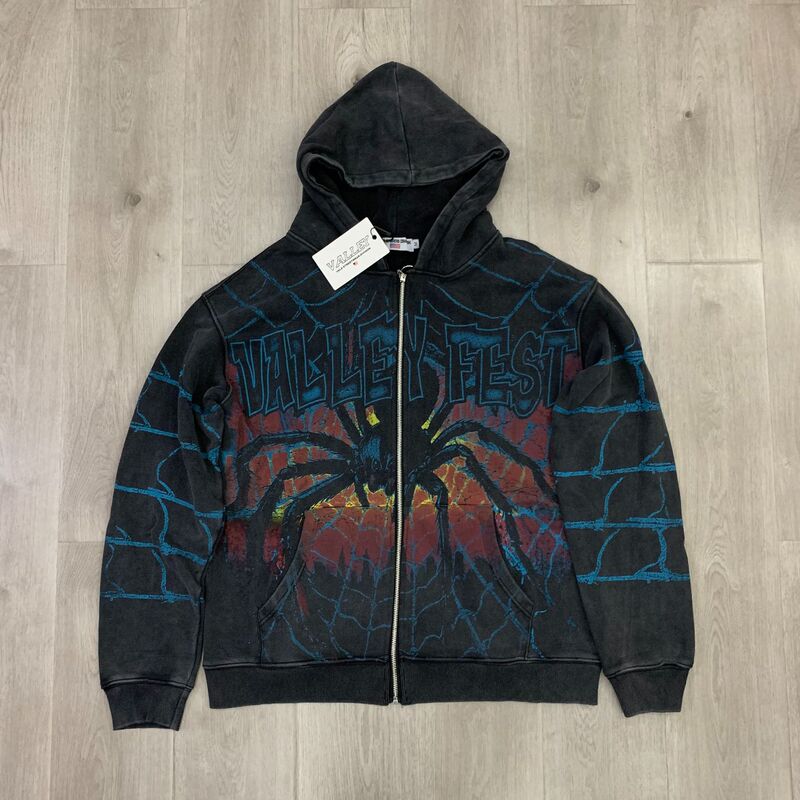 跨境潮牌Vale Big Widow Zip Up Hoodie欧美街头潮蜘蛛网开衫卫衣|undefined