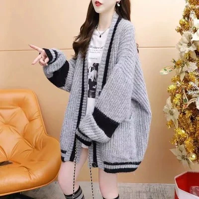 Корейский колледж ленивый свитер куртка женская осень-зима свободный ретро-полосатый свитер средней и длинной трикотажный кардиган