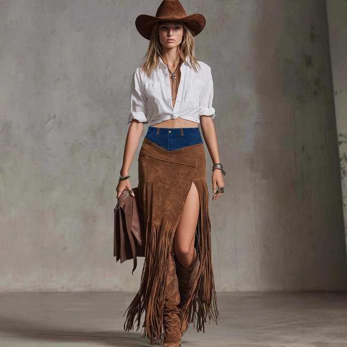 Cross-Border Aliexpress Foreign Trade New Style Tassel Splicing Denim Hem Irregular Suede Skirt