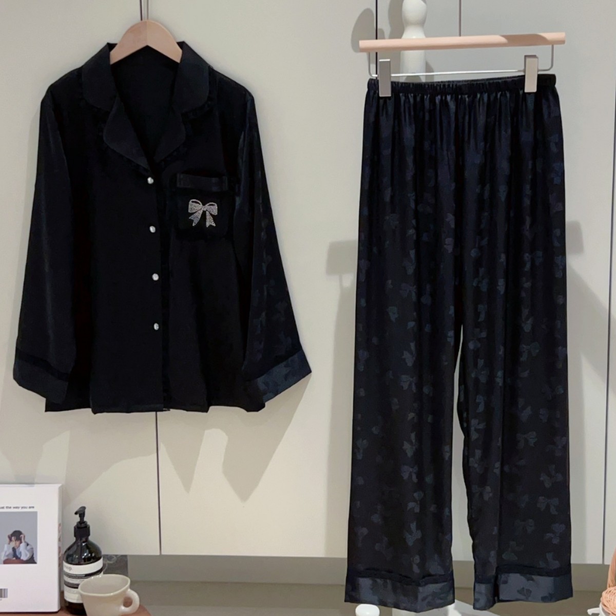 Ice Silk Pajamas for Women, Spring & Fall Sleeves, Korean Style Lace Princess Style, Sweet Hot Diamond Jacquard Bow Home Wear Set