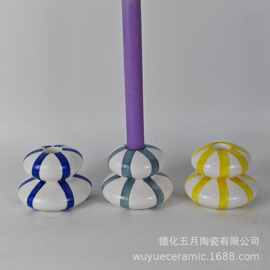 跨境欧美ins风陶瓷手绘条纹烛台简约素雅仿真葫芦形家用装饰摆件