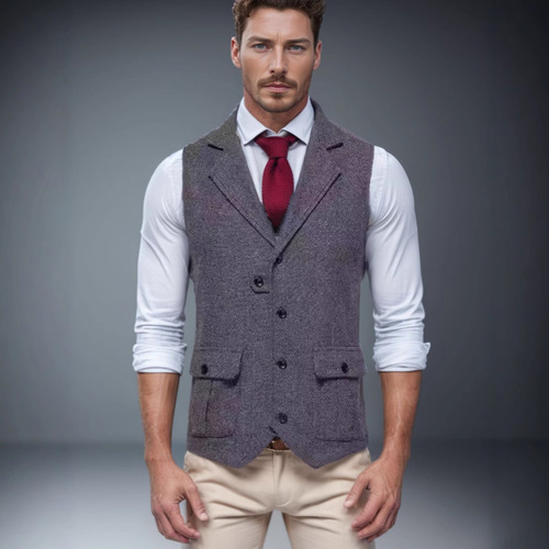 Spring and Autumn Men's Fashion Vintage Blazer Vest with Single Button Leisure Suit Jacket Herringbone Fabric
