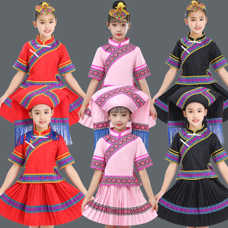 Chinese folk dance dress for girls kids boys hmong Miao dance costumes for kids minority festival children in guangxi zhuang costumes yi girls dance of tujia suit