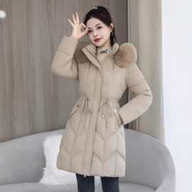 羽绒棉服女中长款2025冬季新款时尚提花洋气加厚保暖外套可脱卸帽