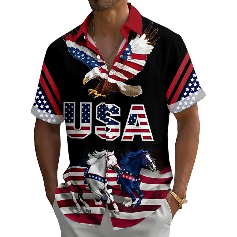 2026 American Style Trendy Shirt with Patriotic 3D Digital Print, Fashionable Casual Versatile Men's Short-Sleeve Shirt