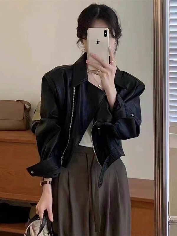 春秋时尚显瘦皮衣短款皮衣外套女气质翻领小个子PU皮显瘦百搭夹克|undefined