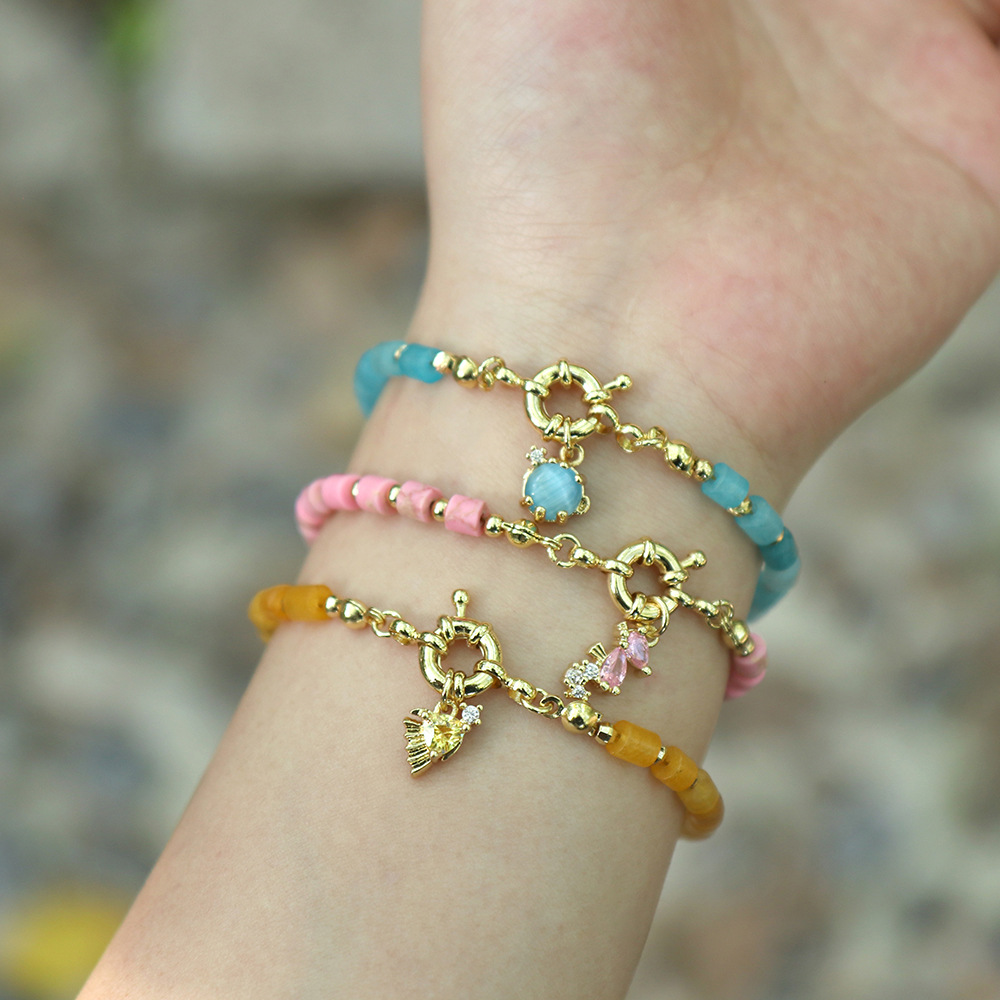 New Mixed Color Stone Beaded Seabed Small Animal Pendant Diamond Copper Bracelet display picture 9