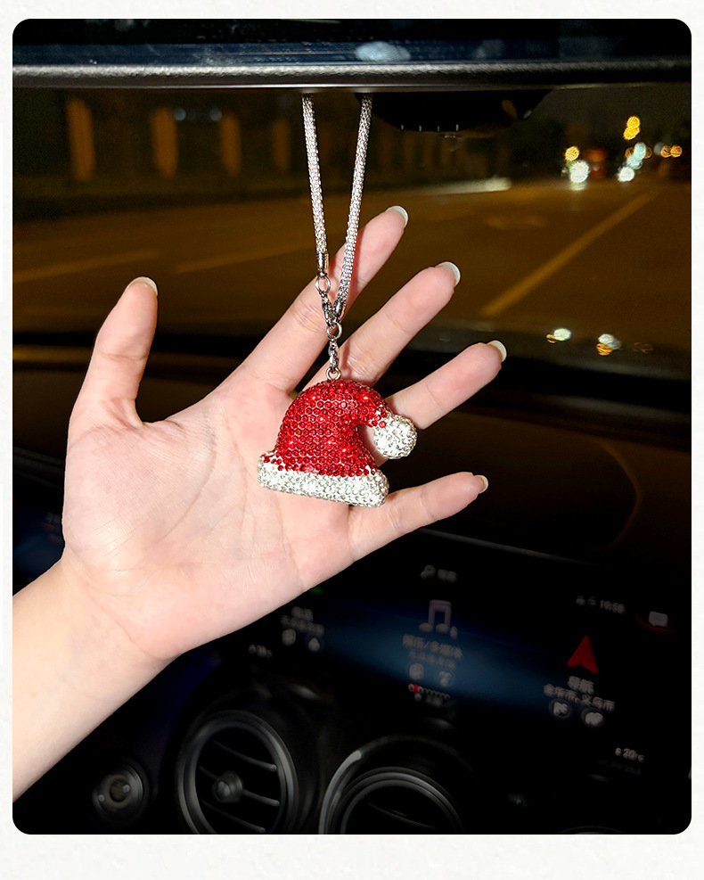 Creative Rhinestone-Encrusted Santa Claus Car Rearview Mirror Pendant, Clay Rhinestone Christmas Series Car Hanging Ornament