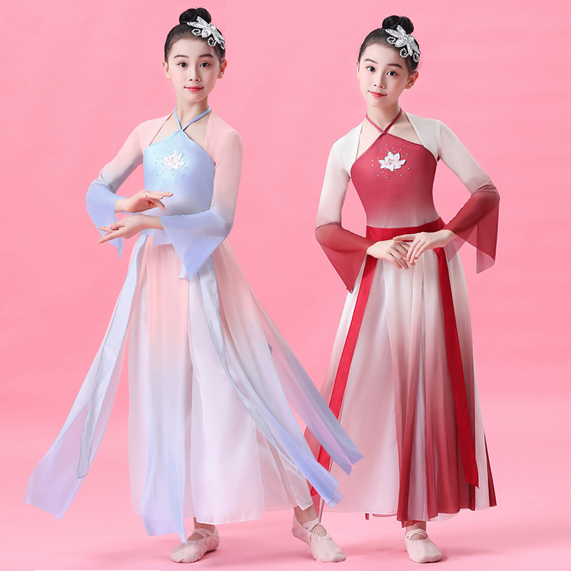 六一儿童古典舞演出服飘逸红色中国风女童古风万疆舞蹈服装扇子舞