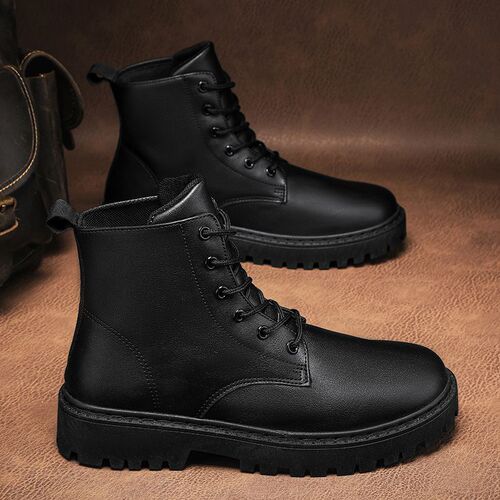 Bestselling Men's Winter Martin Boots, High-Top with Fleece Lining and Thick Insulation, Warm Retro Leather Shoes, Black Heightening Leather Boots