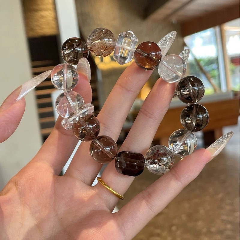 幸柿|天然透体茶水晶双A白水晶黑金超七双尖随形女生招财转运手串|undefined