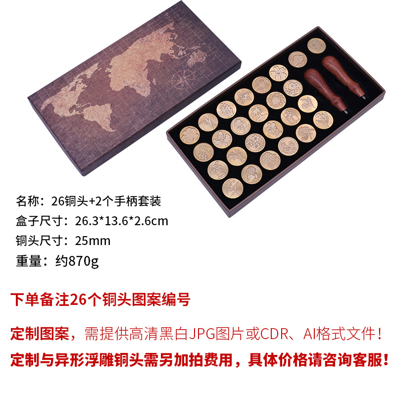 Estilo europeo retro fuego pintura sello traje mapa caja conjunto múltiple cabeza de cobre opcional imágenes se puede personalizar