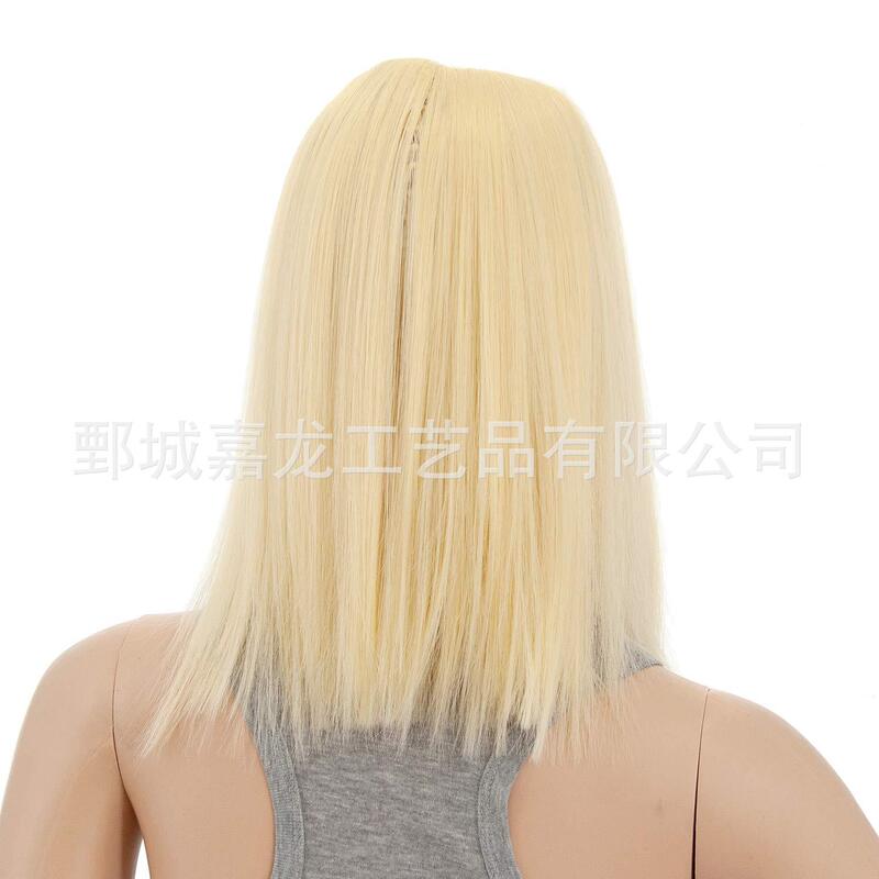 Cross-Border Golden 14inch Short Straight Middle Part Wig Medium Length Synthetic Heat-Resistant Wig with Wig Cap for Women