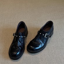 羊皮版~真皮5cm棕色乐福鞋女英伦百搭圆头铆钉粗跟小皮鞋厚底单鞋