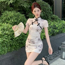 性感风镂空褶皱印花改良旗袍盘扣连衣裙女小个子包臀超短裙跨境夏