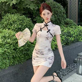 性感风镂空褶皱印花改良旗袍盘扣连衣裙女小个子包臀超短裙跨境夏