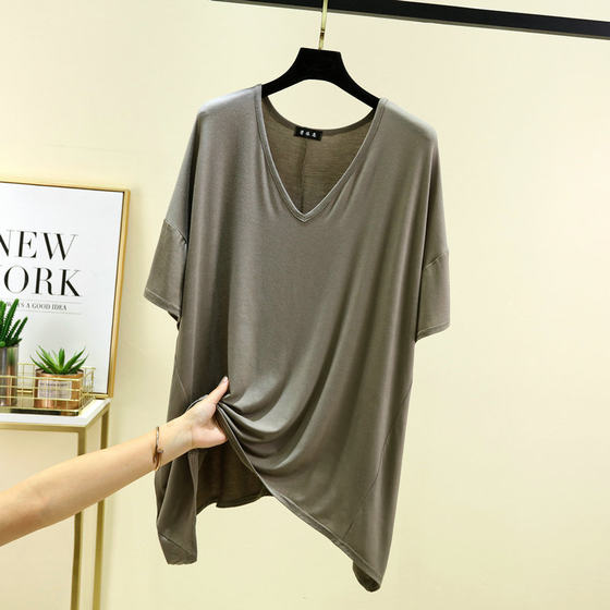 Loose V-neck irregular half sleeve T-shirt summer thin modal large size half sleeve top solid color bottoming shirt