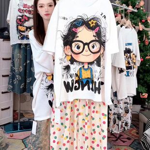 2025 Summer New Western Style Age-reducing Loose Top Design Sense Interesting Cartoon Printed Pure Cotton Short-sleeved T-shirt for Women